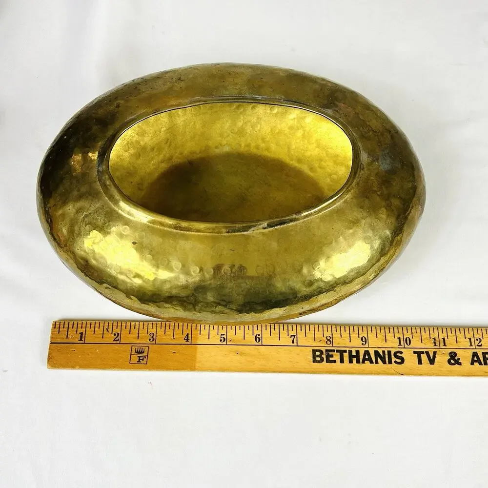 Vintage Hammered Solid Brass Pot Planter Made in India Oval 11”